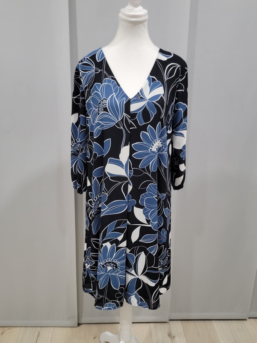 Joseph Ribkoff Black, Blue & White Floral V-Neck Midi Dress
